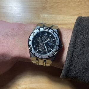 Bulova Silver and Black Skeleton Dial Watch